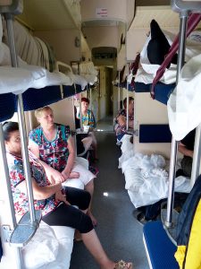 The compartments inside of the Trans-Siberian railway with locals